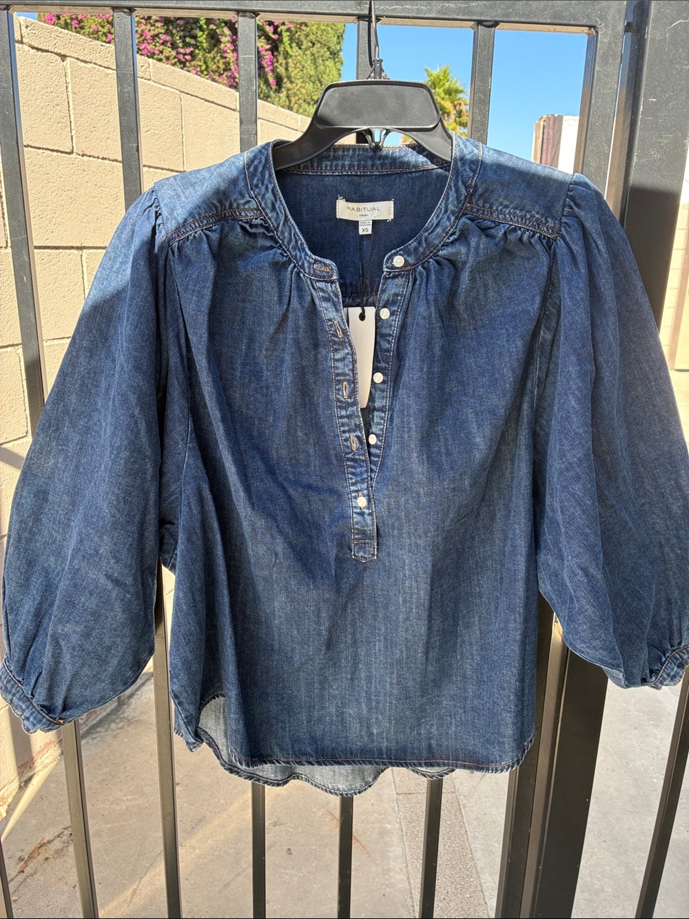 Habitual Dark Blue Denim Button-Front Peasant Top